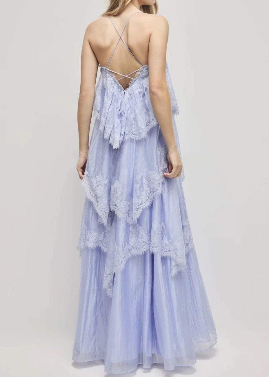 Elric Spaghetti Hayley Lace Maxi Tiered Dress In Blue