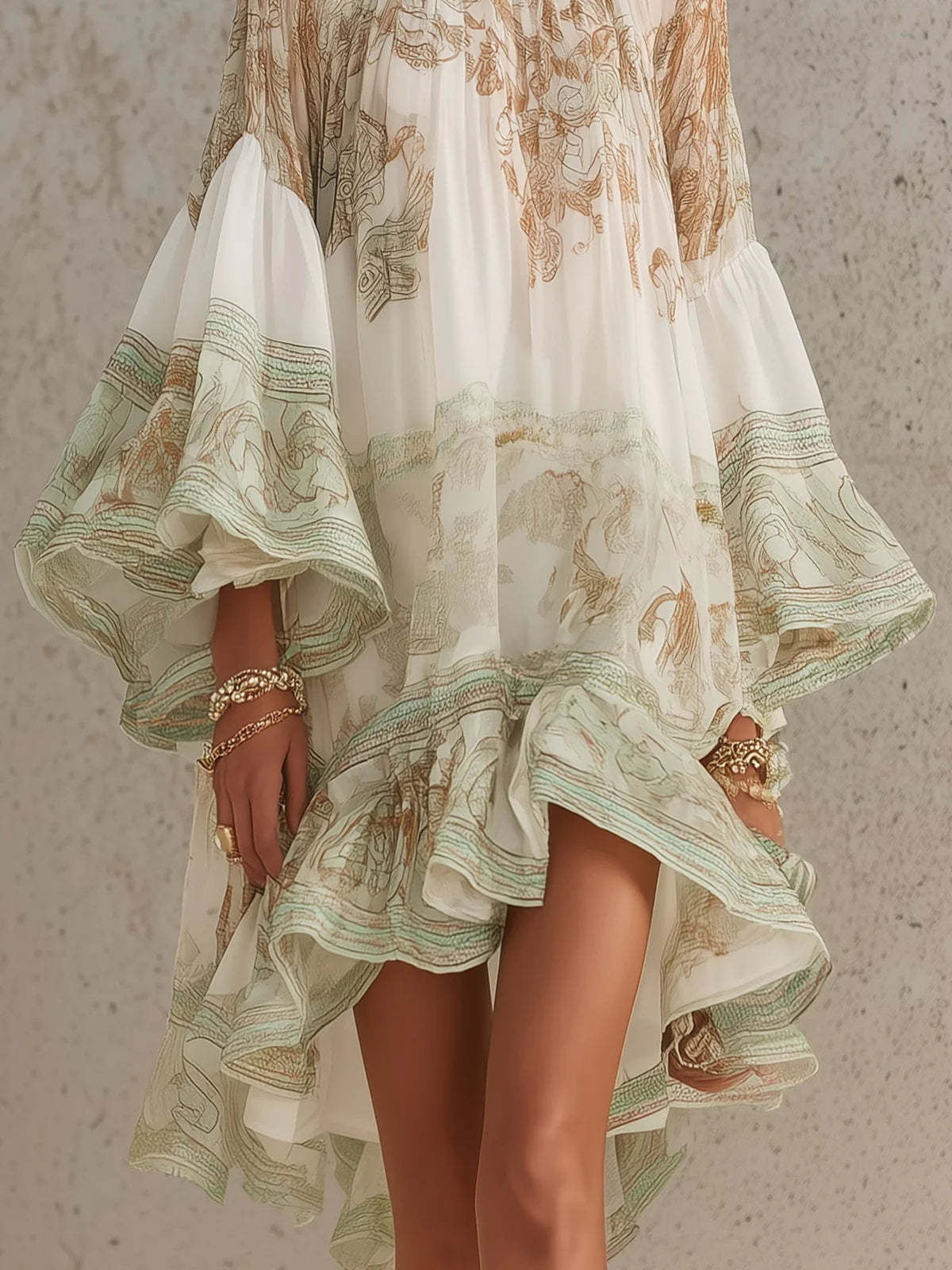 Ikbal Bell Sleeve Print Ruffle Mini Dress