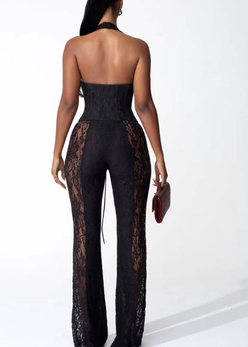 Feridun Plunge Feather Lace Maxi Dress