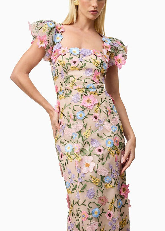 Kale Puff Sleeve Flower Maxi Dress