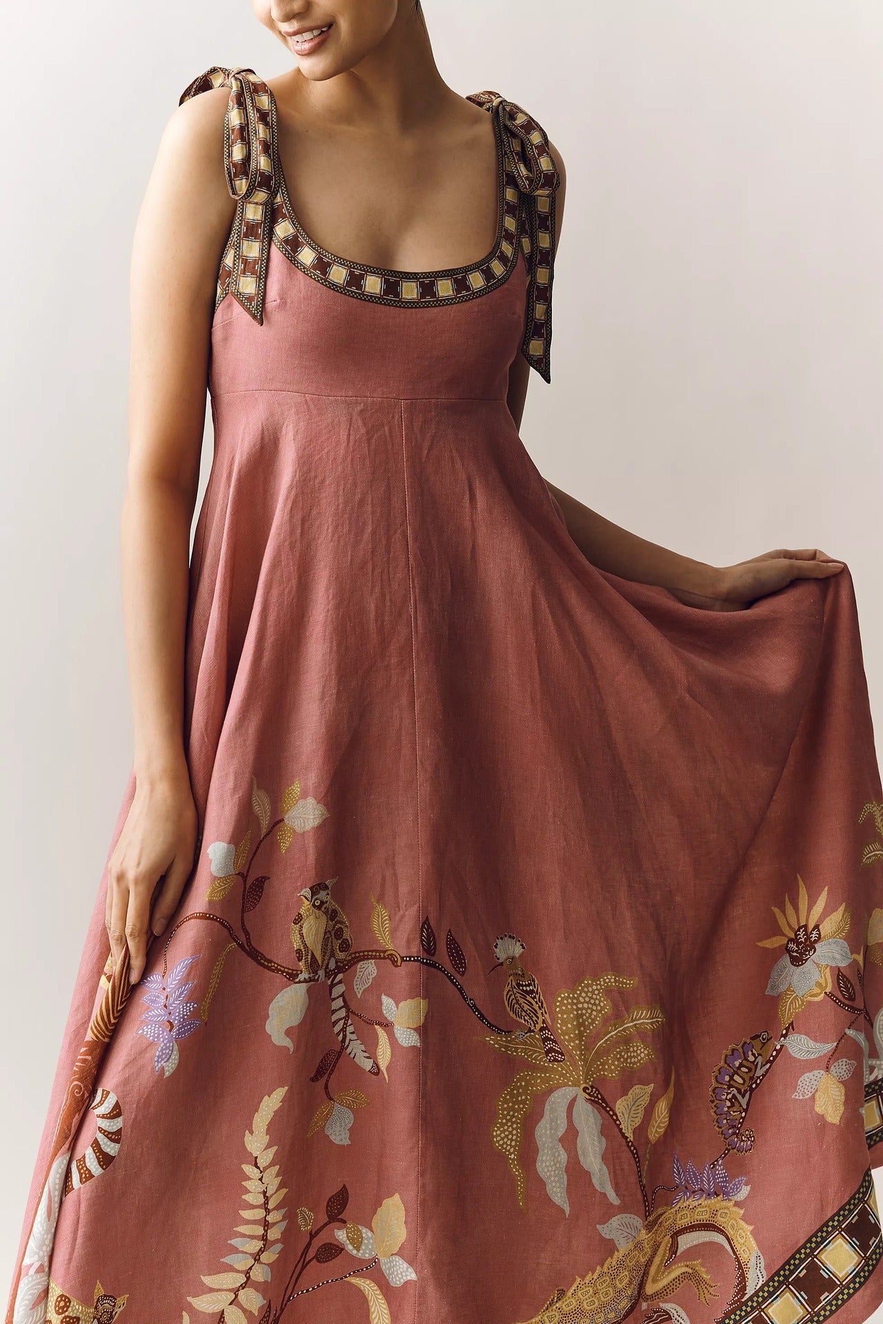 Jaxx Tie Up Print Midi Dress In Rust