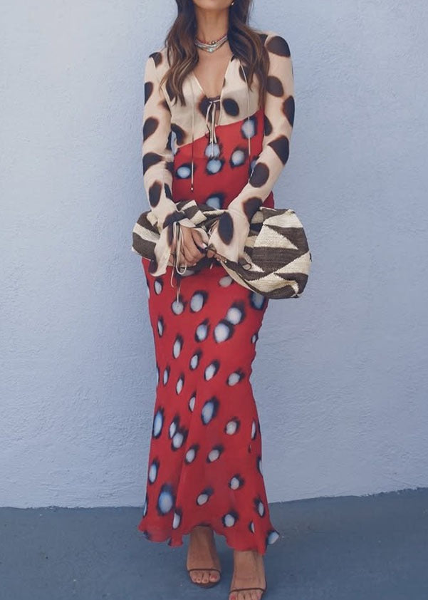 Keelia Plunge Tie Up Print Maxi Dress