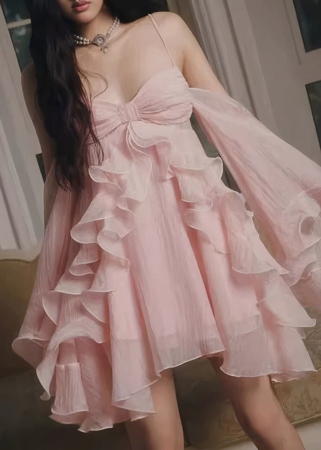 Enrica Bell Sleeve Ruffle Mini Dress