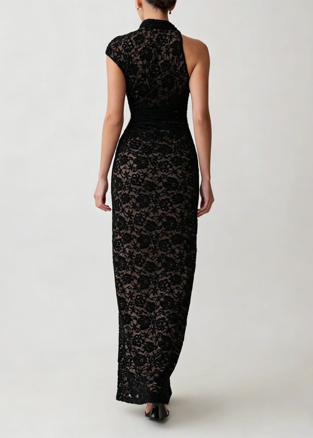 Kitra Asymmetric Cutout Lace Maxi Dress