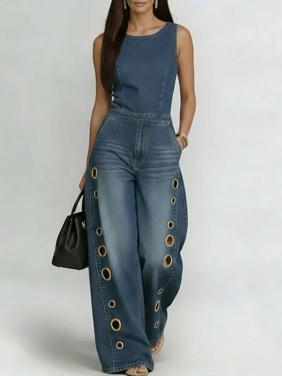Kensley Sleeveless Eyelet Denim Jumpsuit