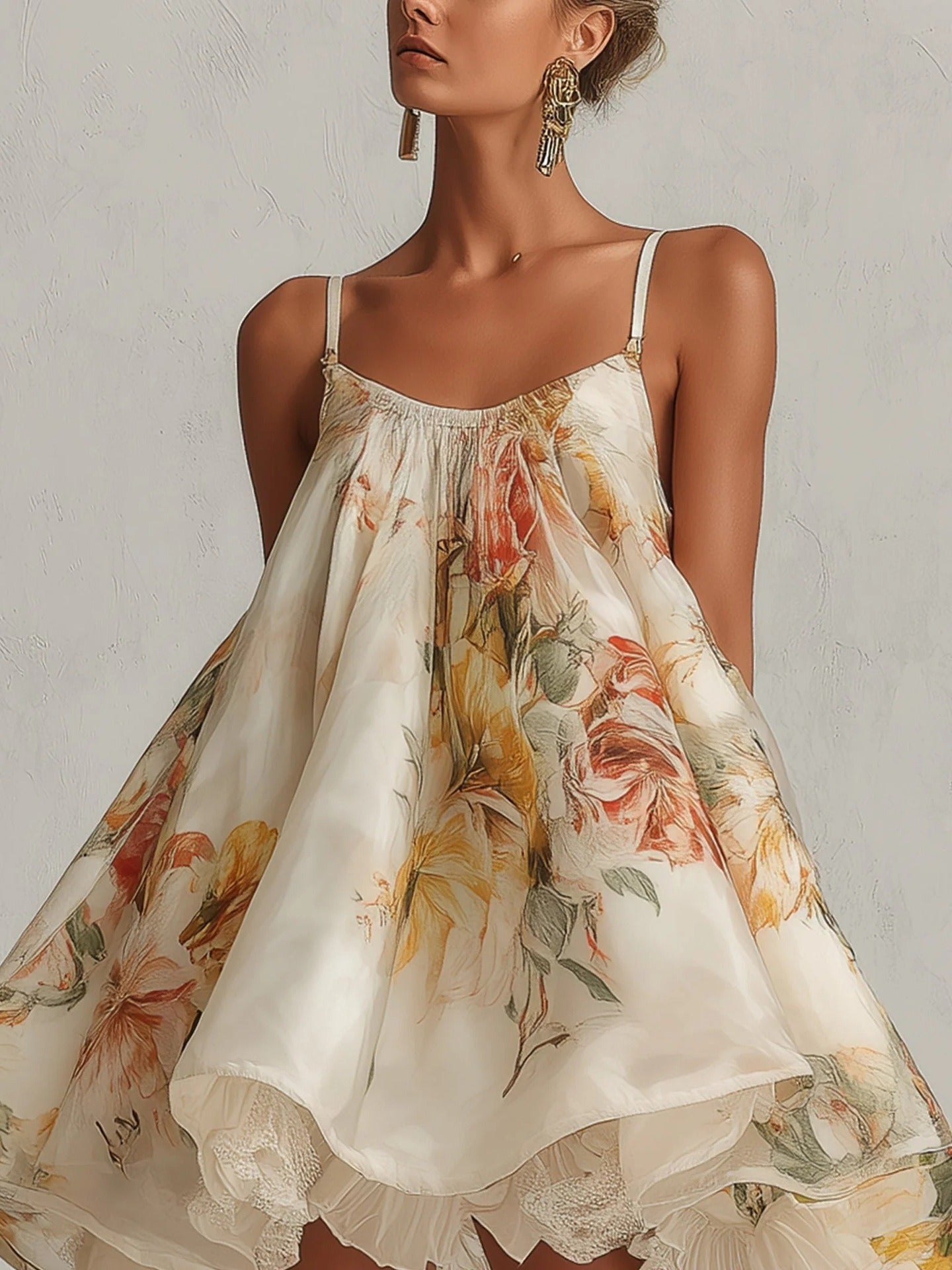 Kaybella Spaghetti Floral Puffy Mini Dress