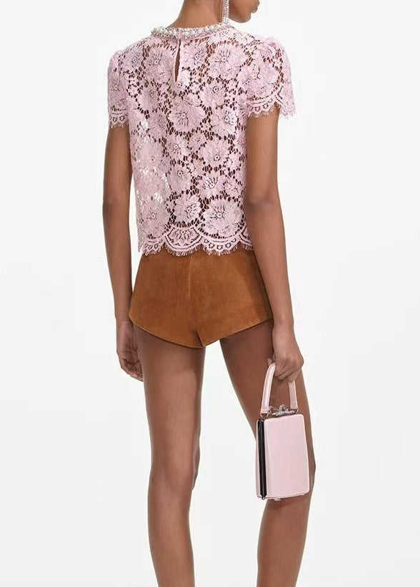 Kazuha Rhinestine Lace Cutout Top