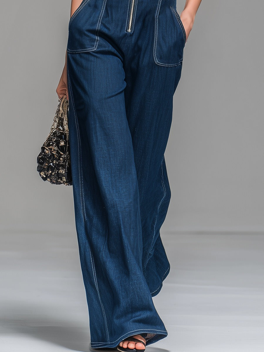 Damira Denim Zip Sleeveless Jumpsuit