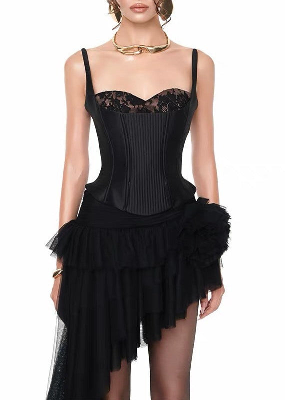 Karen Spaghetti Mesh Asymmetric Skirt Set In Black