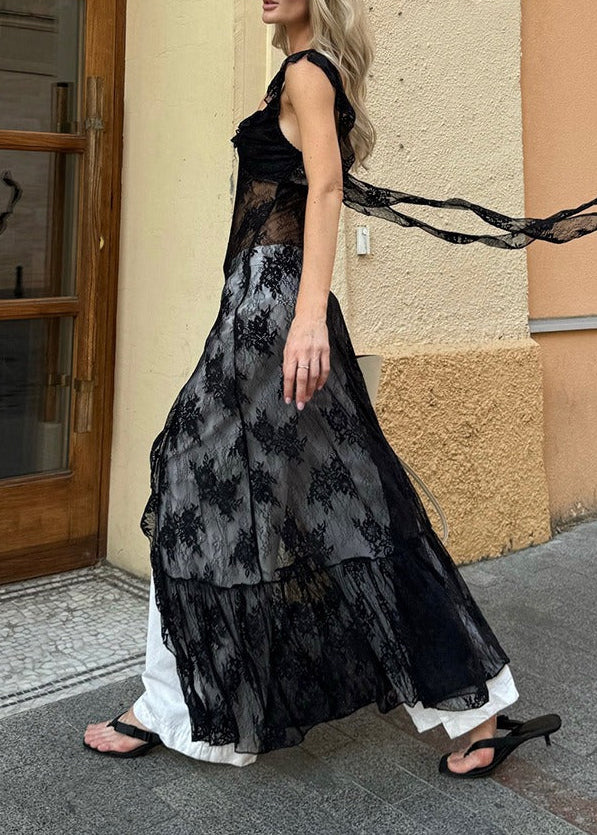 Florencio Lace Ruffle Split Maxi Dress
