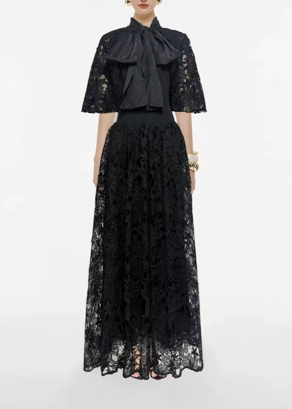Gabino Tie Up Embroidered Maxi Dress In Black
