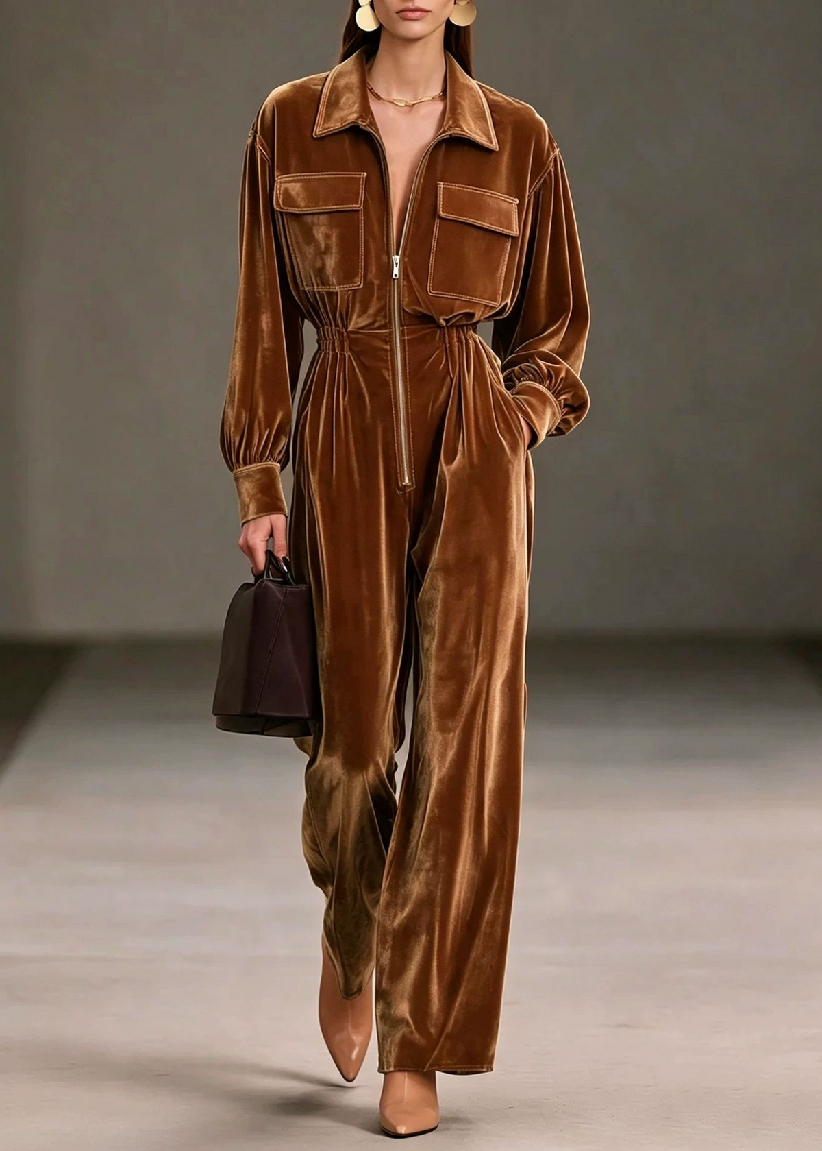 Kiora Balloon Sleeve Velvet Jumpsuit
