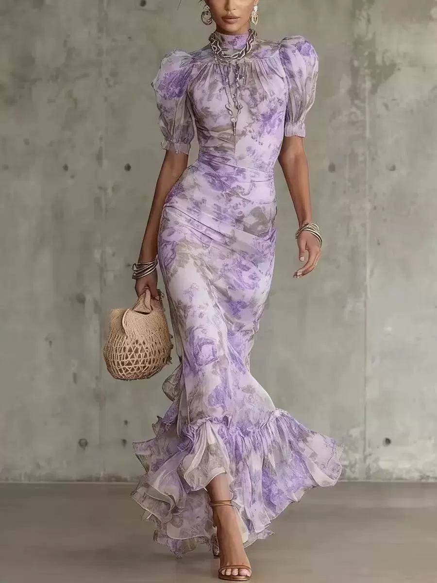 Innokenty Puff Sleeve Floral Maxi Dress In Purple