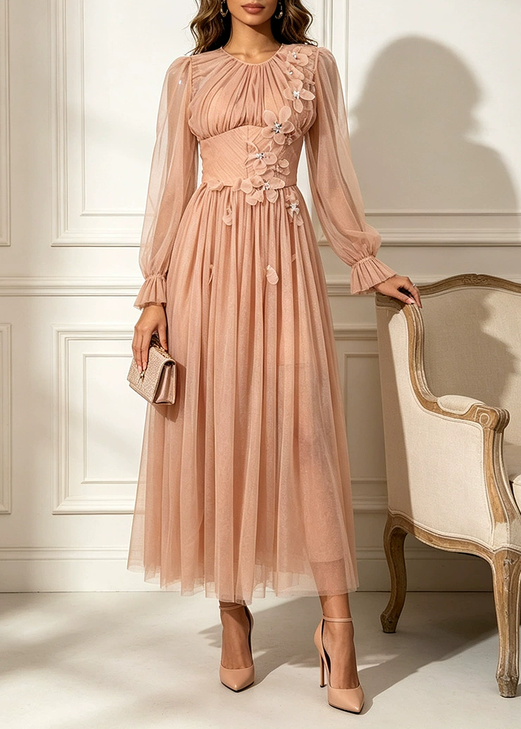 Macarius Balloon Sleeve Flower Ruch Maxi Dress
