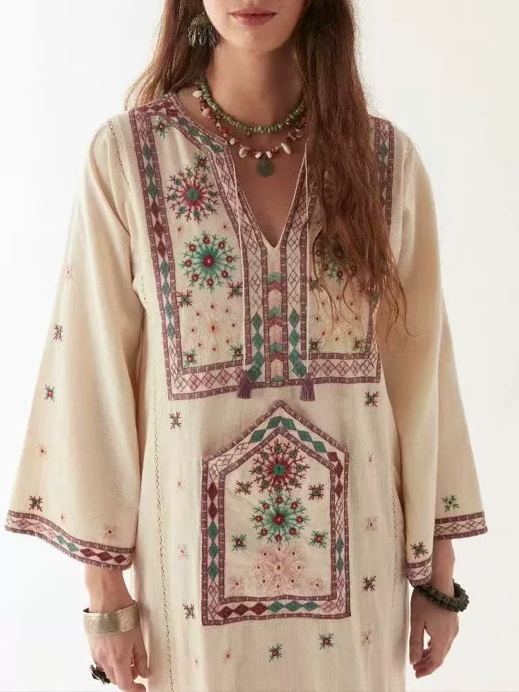 Kenta Long Sleeve Embroidered Split Maxi Dress