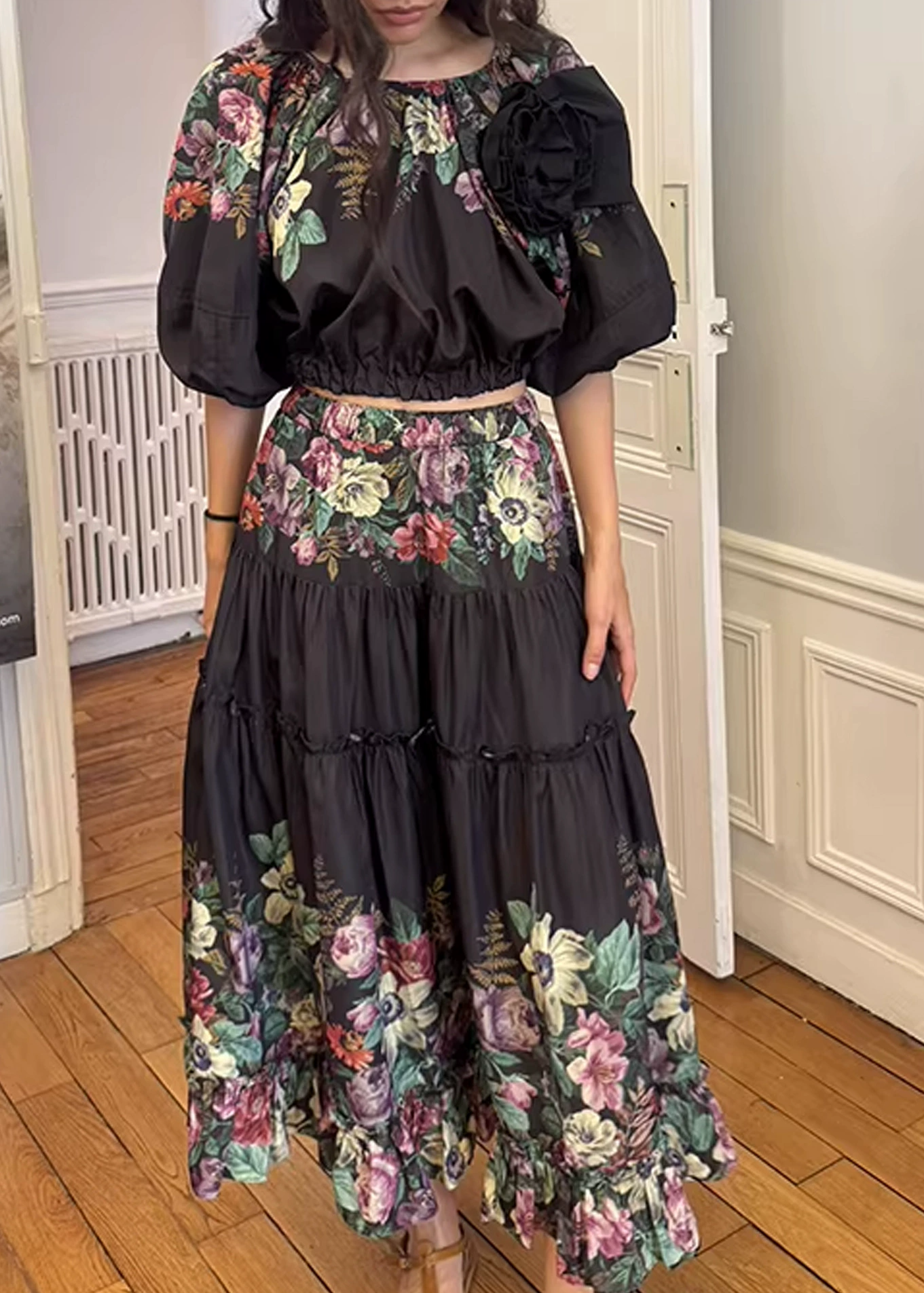 Ferdous Balloon Sleeve Flower Ruch Skirt Set