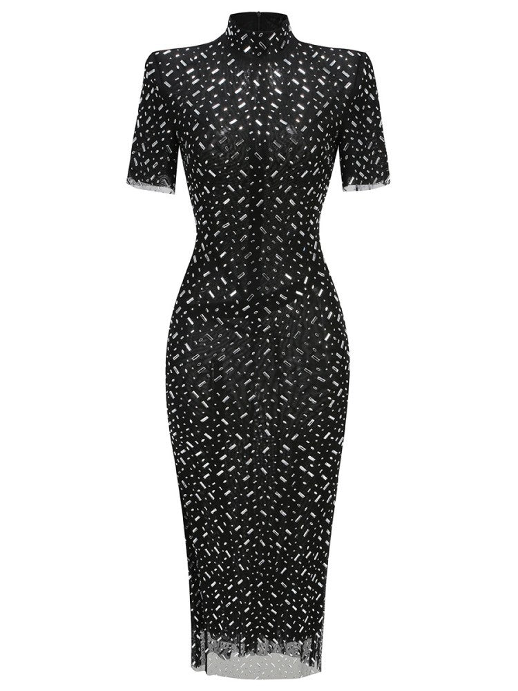 Caleigh Rhinestone Bodycon Short Sleeves Maxi Dress