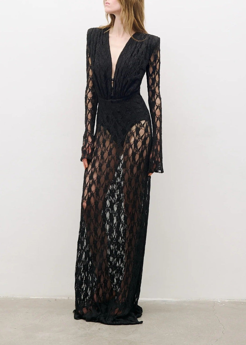 Herminia Lace Long-Sleeved Maxi Dress In Black