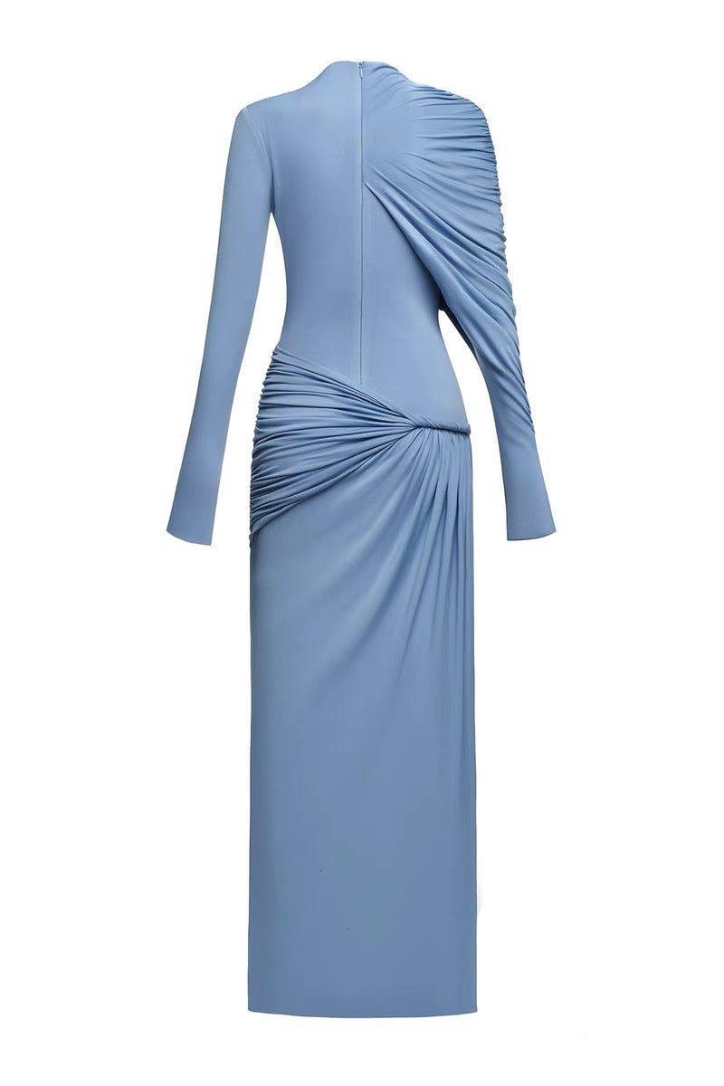 Driscoll Asymmetric Ruch Maxi Dress In Blue