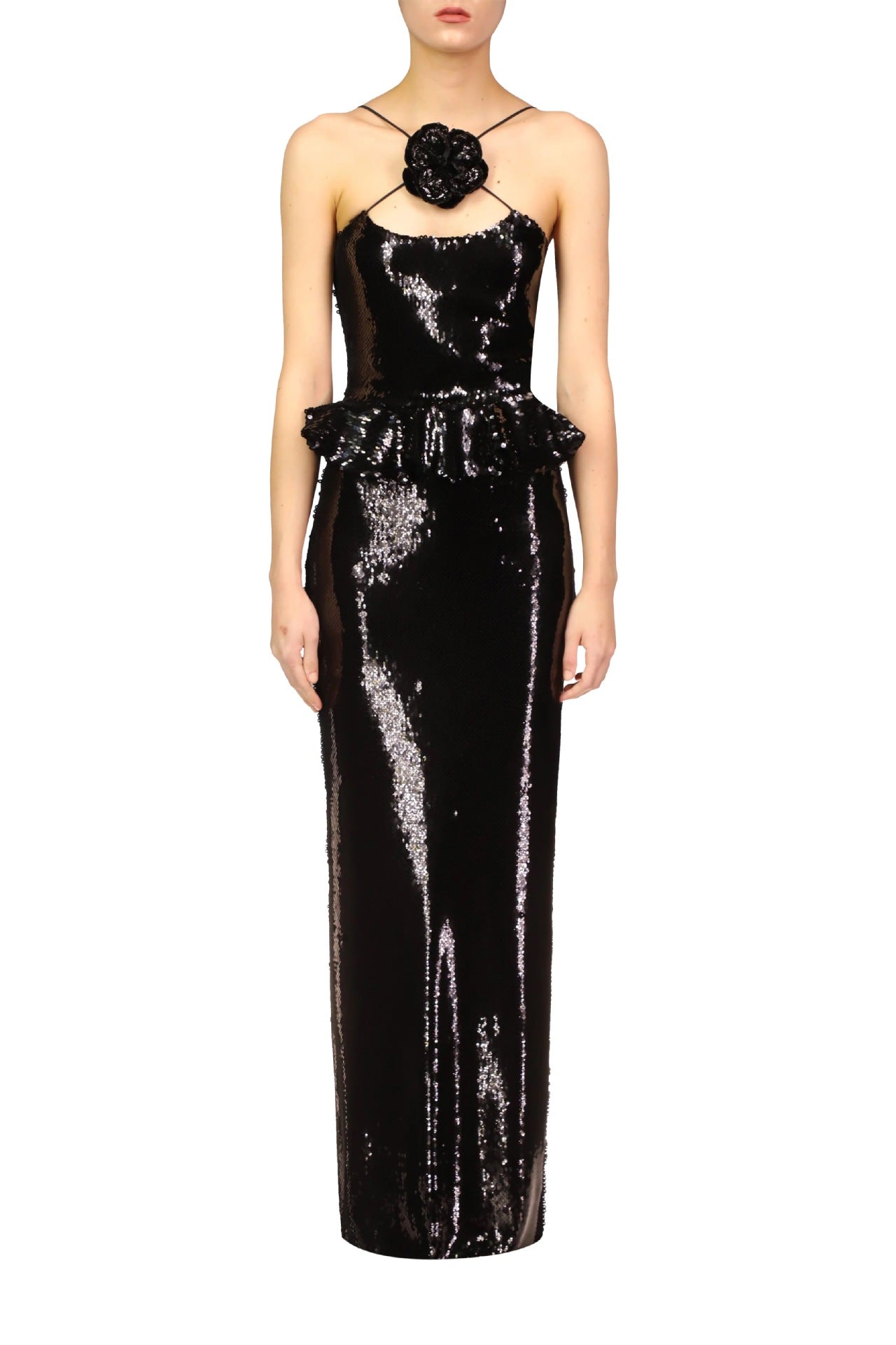 Ammon Sequin Flower Ruffle Maxi Dress