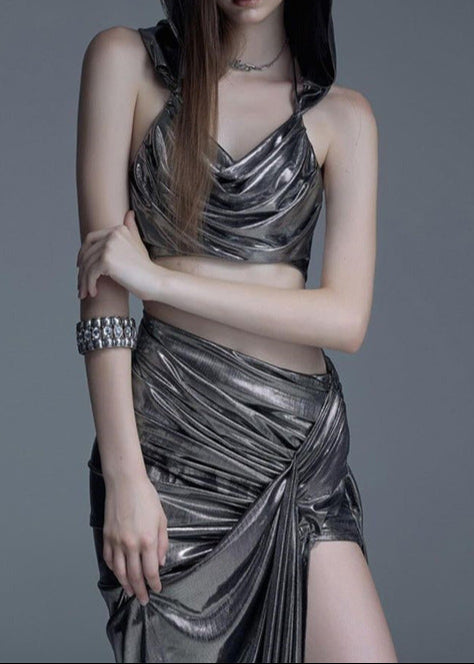 Apollinaria Metallic Hooded Ruch Lace Up Skirt Set