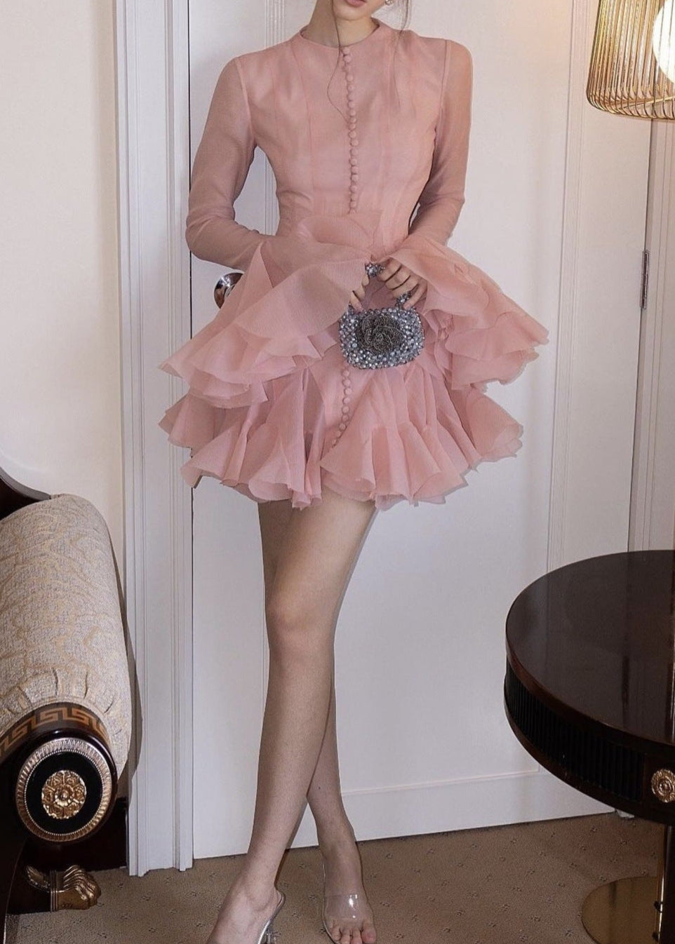 Mccartney Mesh Ruffle Mini Dress In Pink