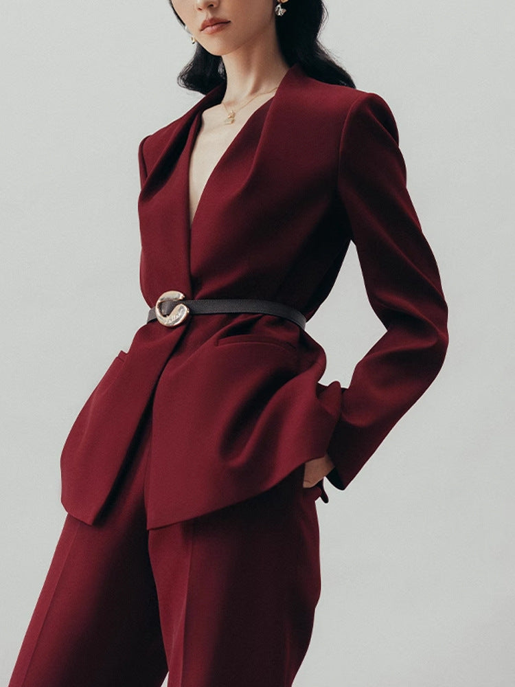 Amariah Plunge Buckle Pants Set In Red