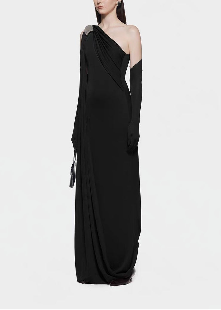 Colombo One Shoulder Ruch Maxi Dress In Black