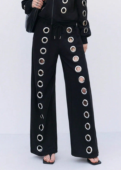 Faiza Eyelet Hooded Pants Set In Black