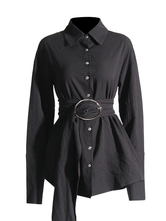 Ozlem Buckle Ruch Shirt Mini Dress In Black