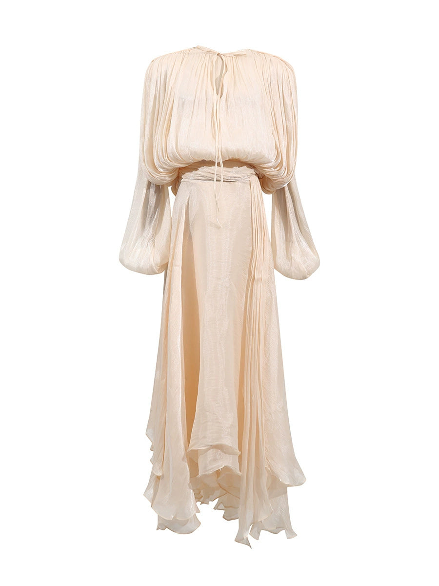 Edom Balloon Sleeve Ruch Ruffle Maxi Dress