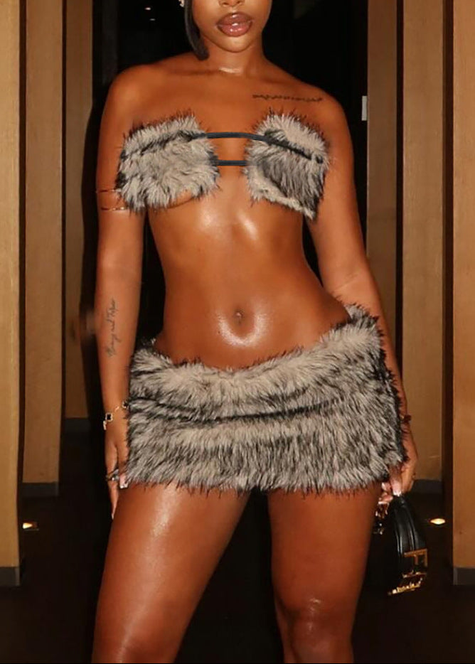 Donghyun Faux Fur Crop Skirt Set