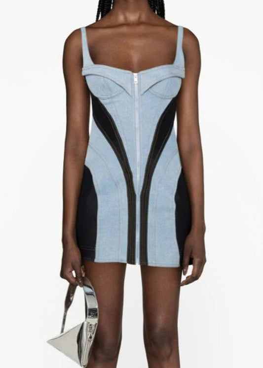 Mercury Backless Paneled Denim Dress