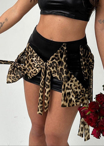 Aodh Leopard Bow Short Leather Skirt