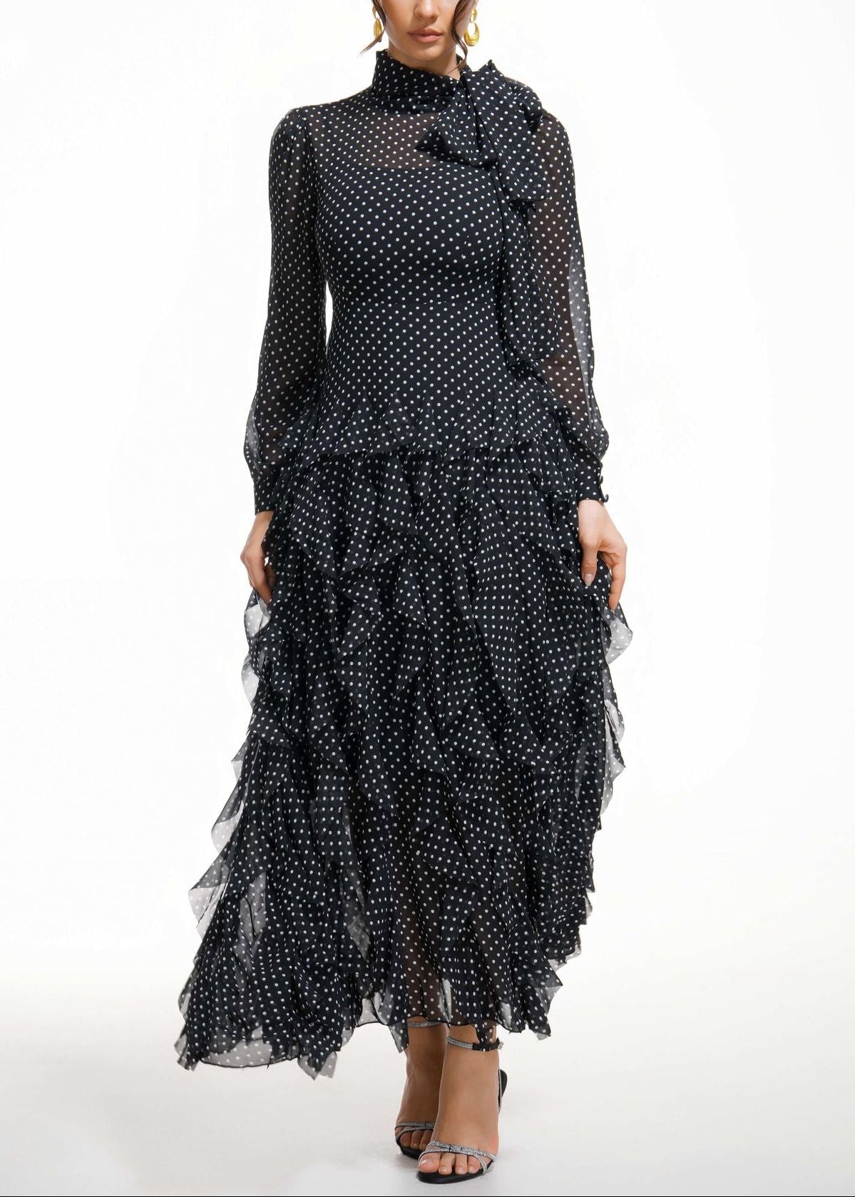 Dewitt Dot Bow Ruffle Maxi Dress In Black
