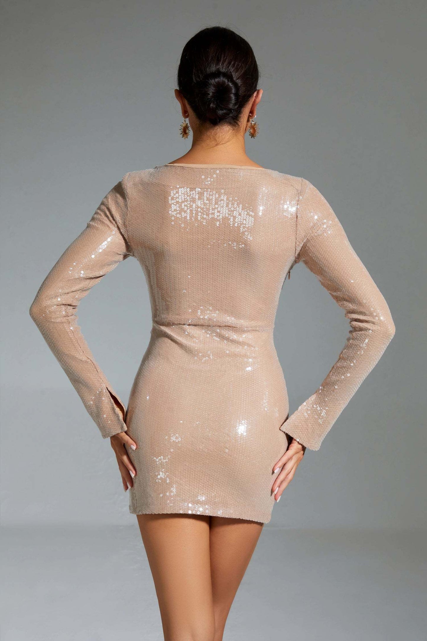 Hirst Long Sleeve Sequin Mini Dress In Apricot