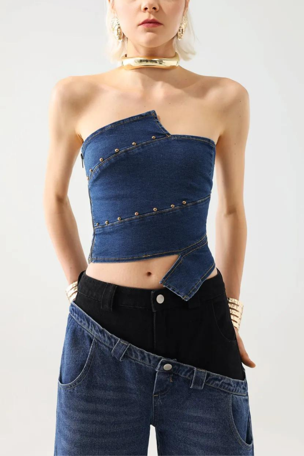 Katty Off Shoulder Patchwork Denim Top