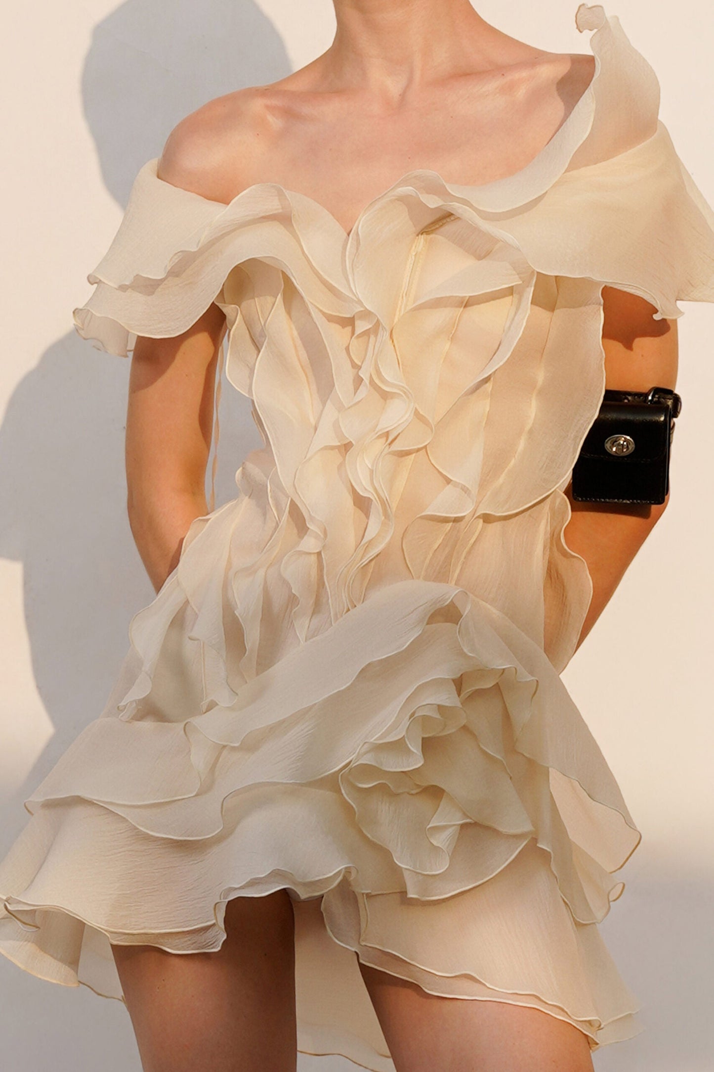 Regan V Neck Ruffle Asymmetric Mini Dress In Apricot