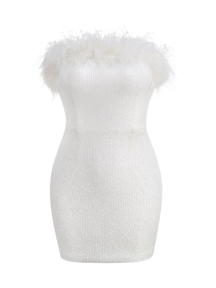 Dilbert Strapless Feather Sequin Mini Dress