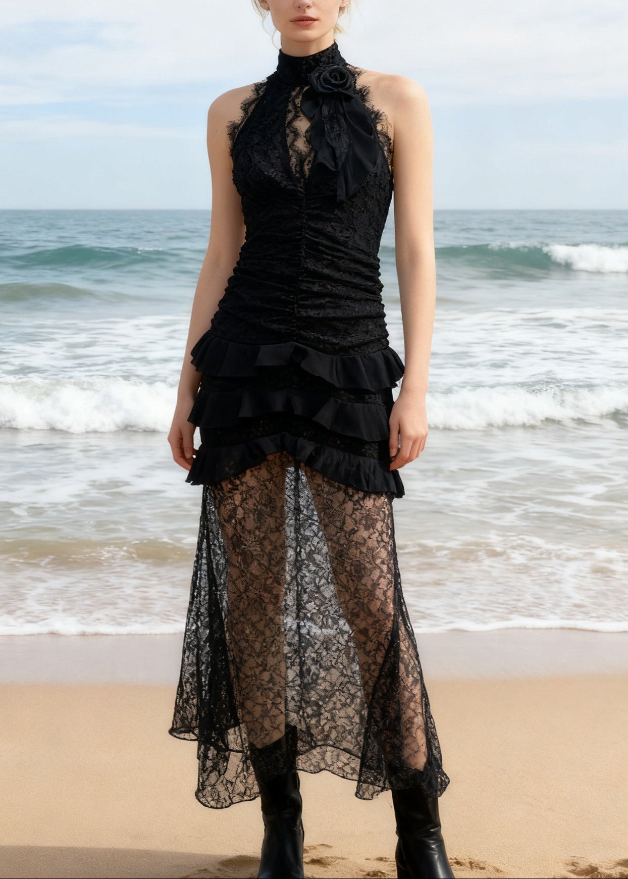 Derdriu Flower Plunge Lace Maxi Dress