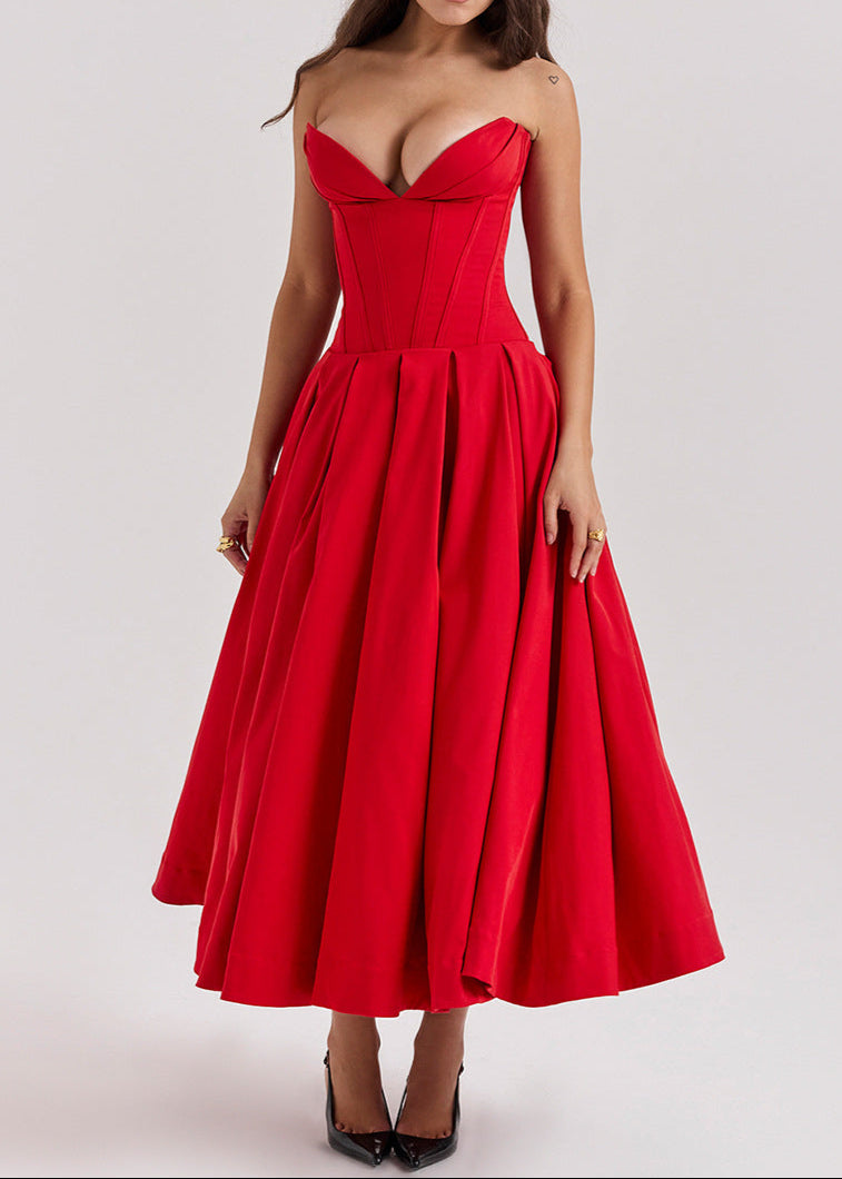 Anuj Halter Neck Bodycon Ruffle Maxi Dress In Red