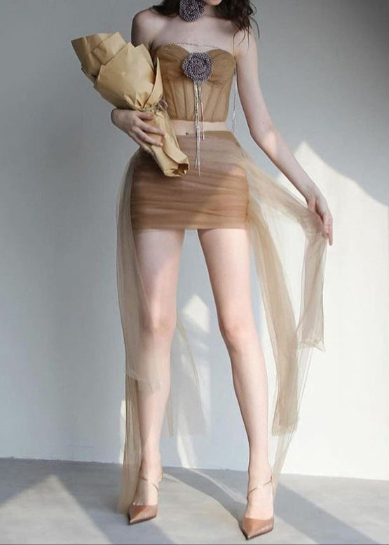 Adoeete Rhinestone Flower Strapless Skirt Set
