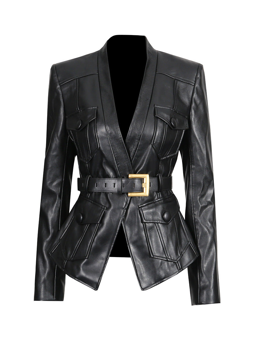 Emine Plunge Leather Jacket