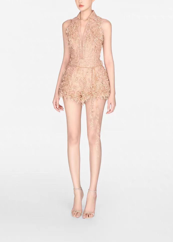 Chastity Halter Neck Lace Fringe Playsuit