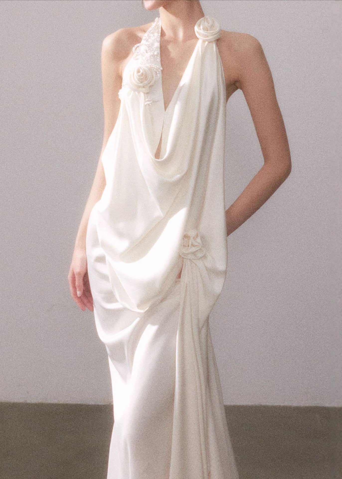 Biagino Cowl Neck Flower Backless Maxi Dress In White