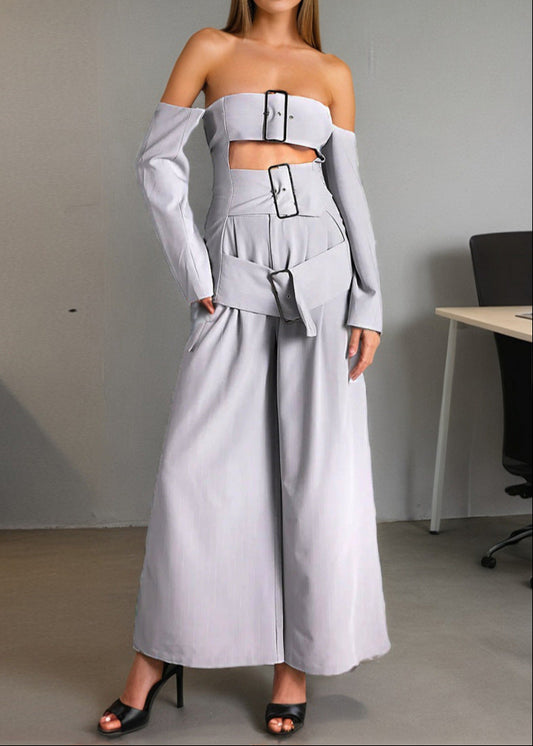 Baback Buckle Cutout Off Shoulder Pants Set