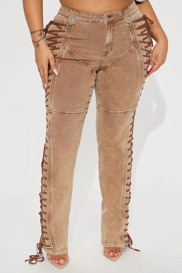Alwilda Lace Up Jeans In Khaki
