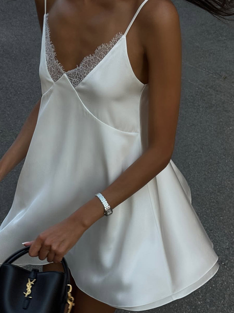 Dinu Spaghetti Lace Satin Mini Dress