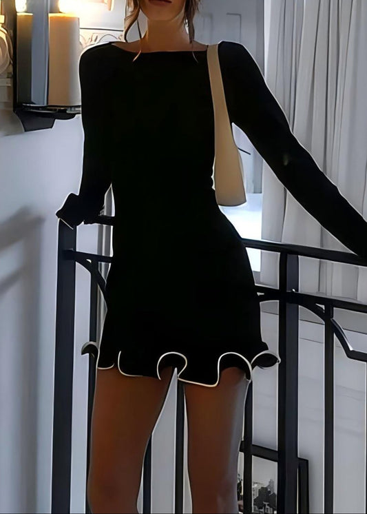 Anavrin Asymmetric Wavy Long Sleeve Mini Dress In Black