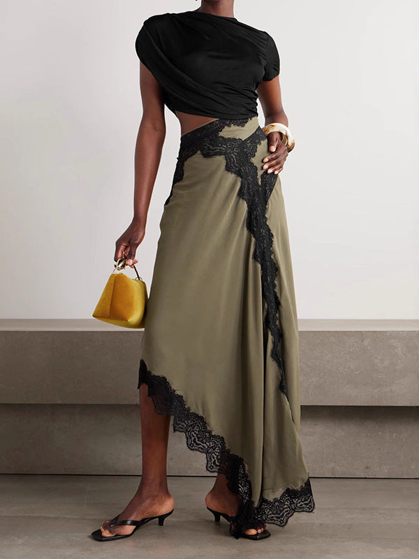Emina Asymmetric Lace Satin Maxi Dress